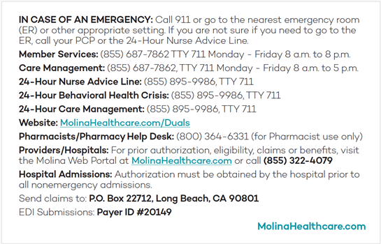 Back side of member ID card with contact information